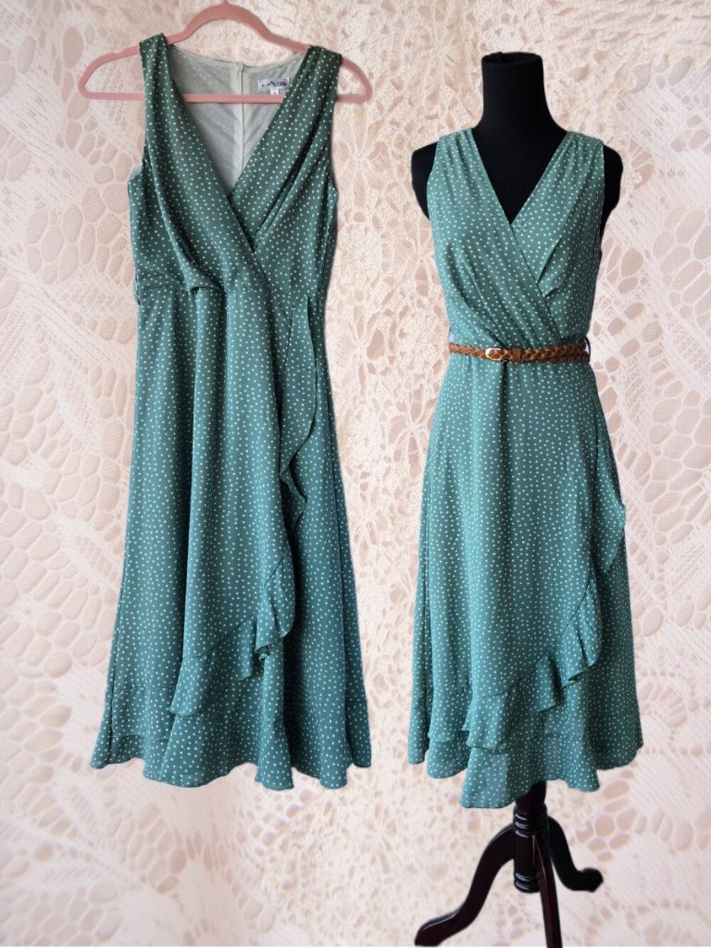 Sage Green and White Square Pindot / Polkadot Style Crossover Bodice-Ruffle Hem
